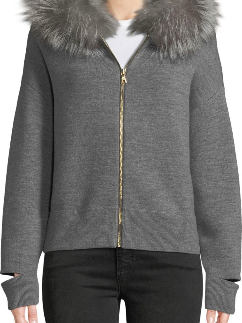 Alice + Olivia Grey Zip Cardigan with Fur Collar - Size S